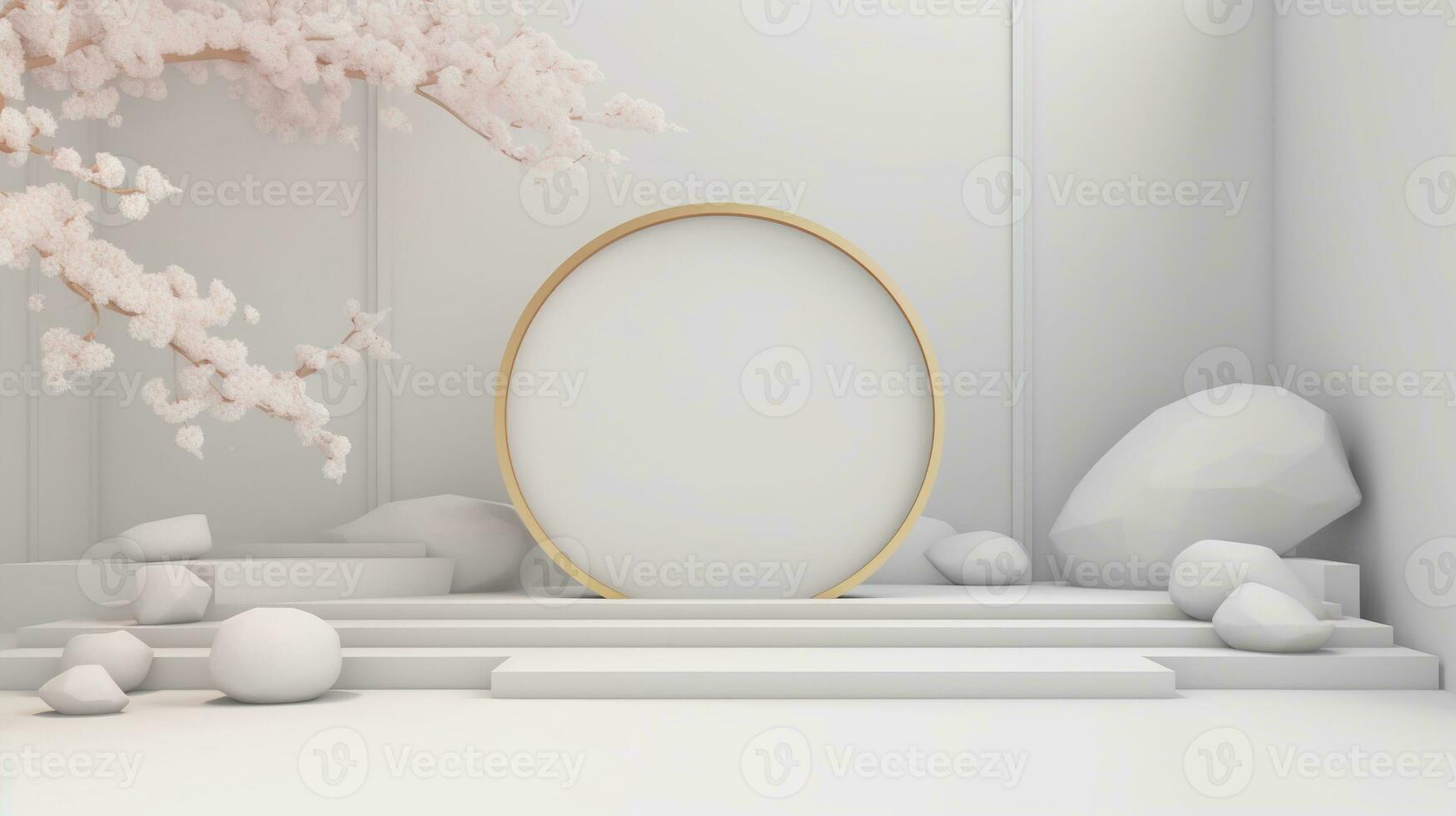 3d render, abstract minimal scene with white podium and cherry blossom flowers photo