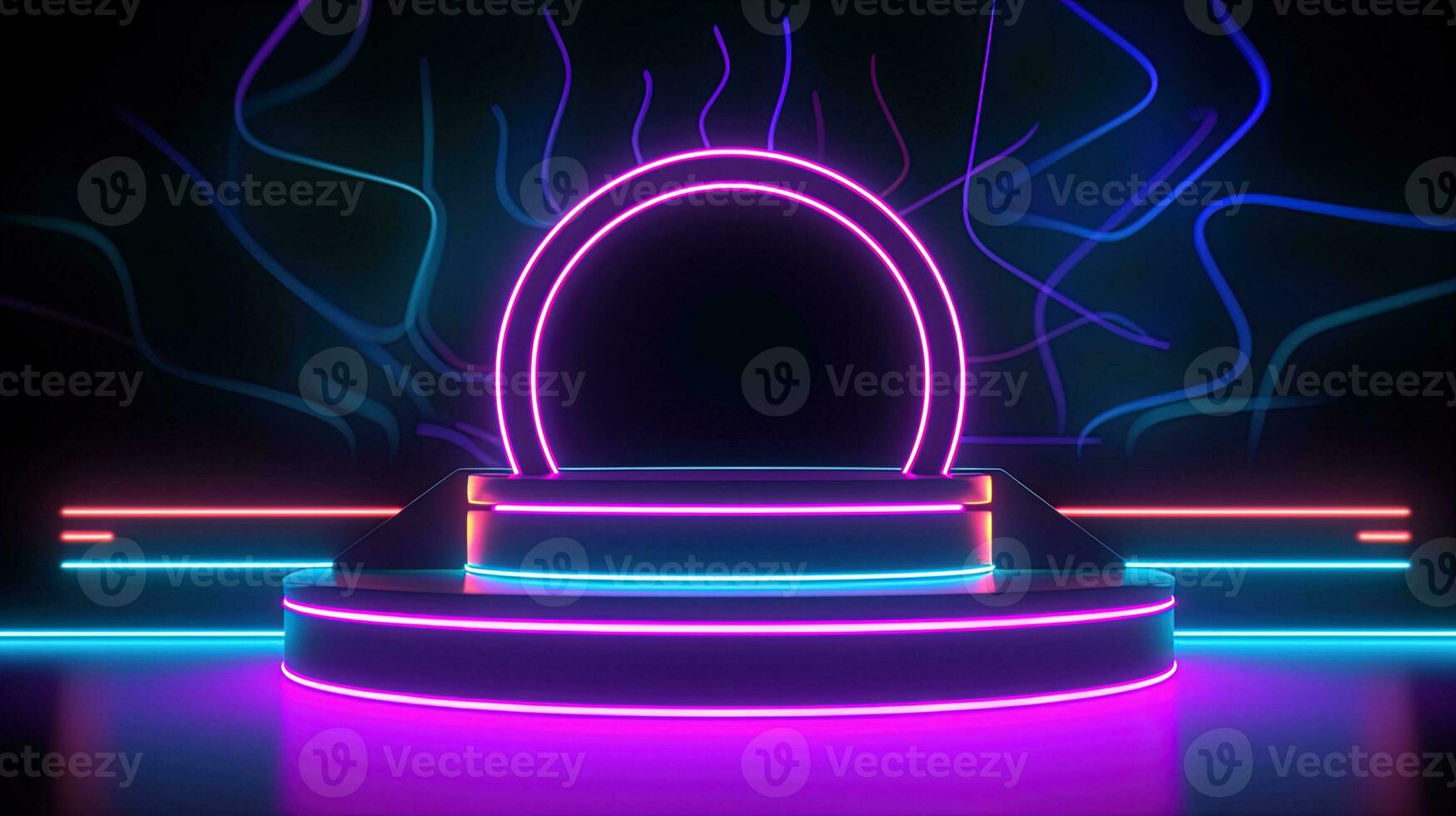 3D abstract background. Neon glowing podium. Empty scene for product presentation. photo