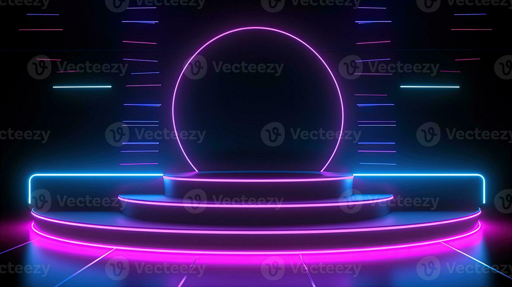 3D abstract background. Neon glowing podium. Empty scene for product presentation. photo
