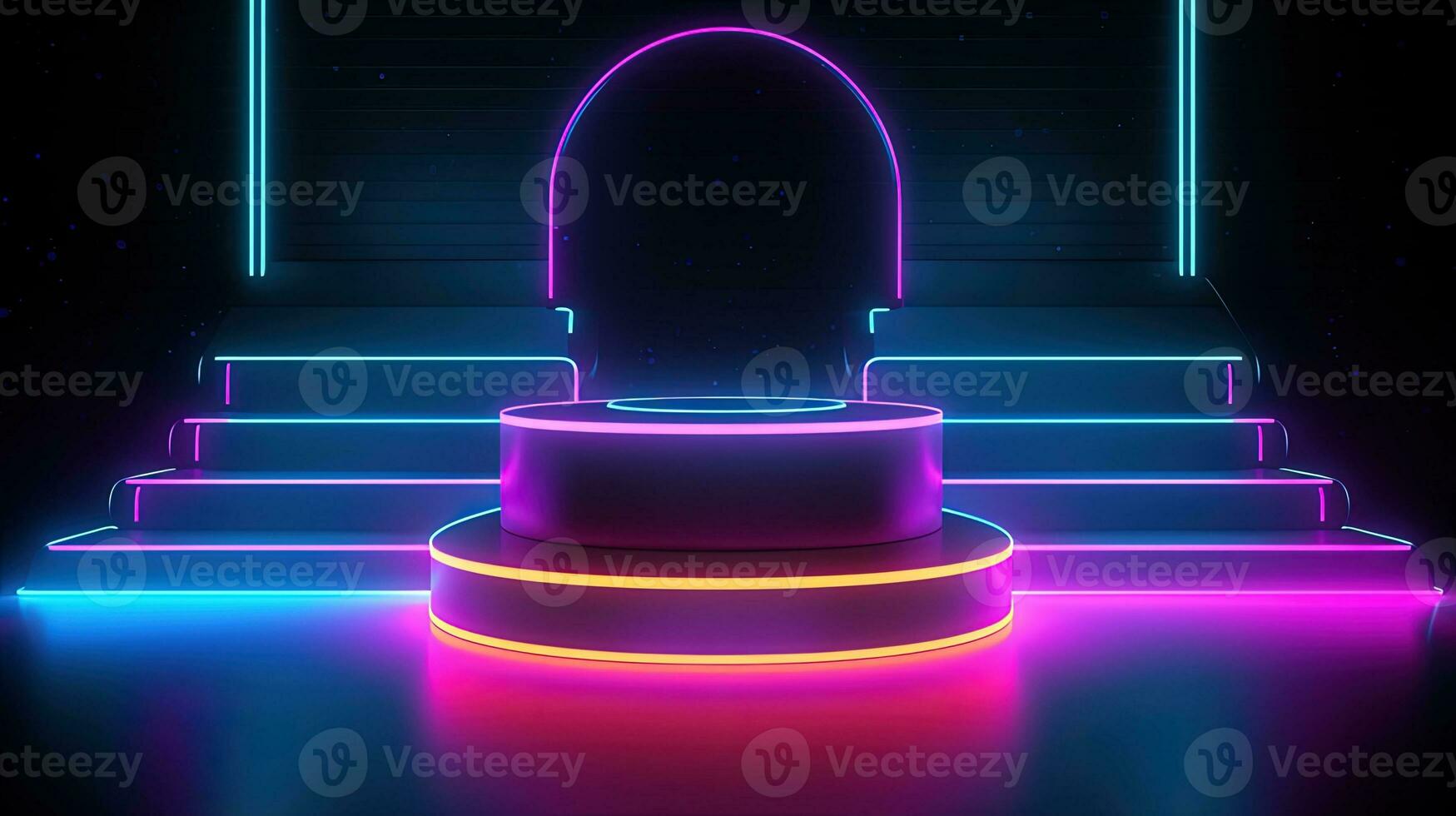 3D abstract background. Neon glowing podium. Empty scene for product presentation. photo