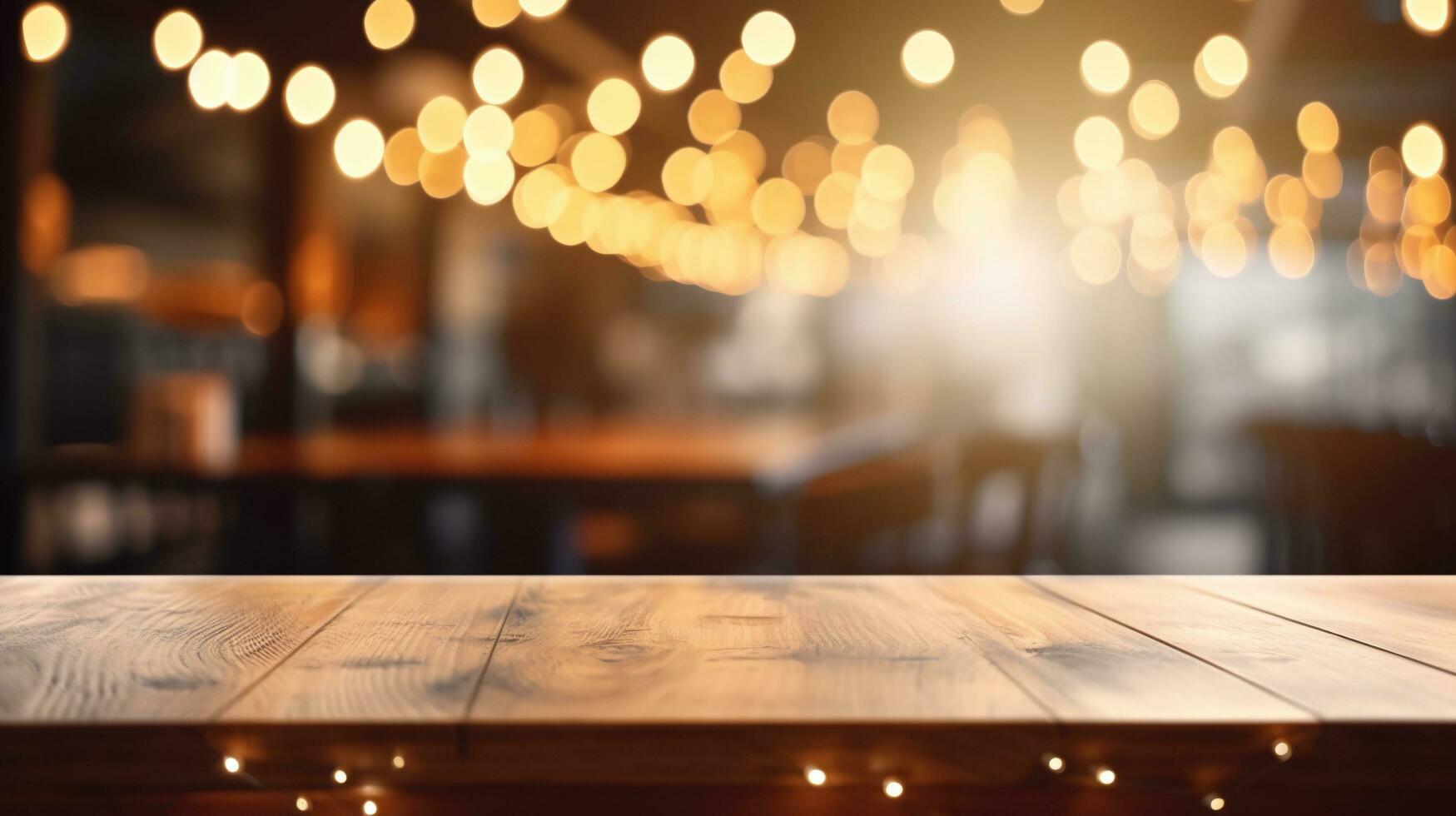 Empty wooden table in front of abstract bokeh light background. photo