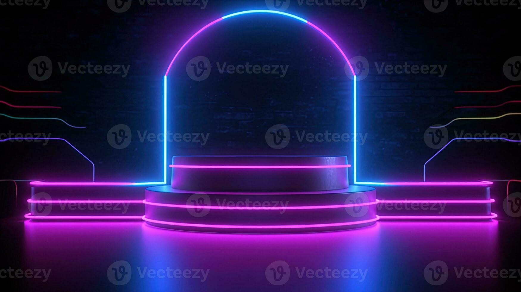 3D abstract background. Neon glowing podium. Empty scene for product presentation. photo