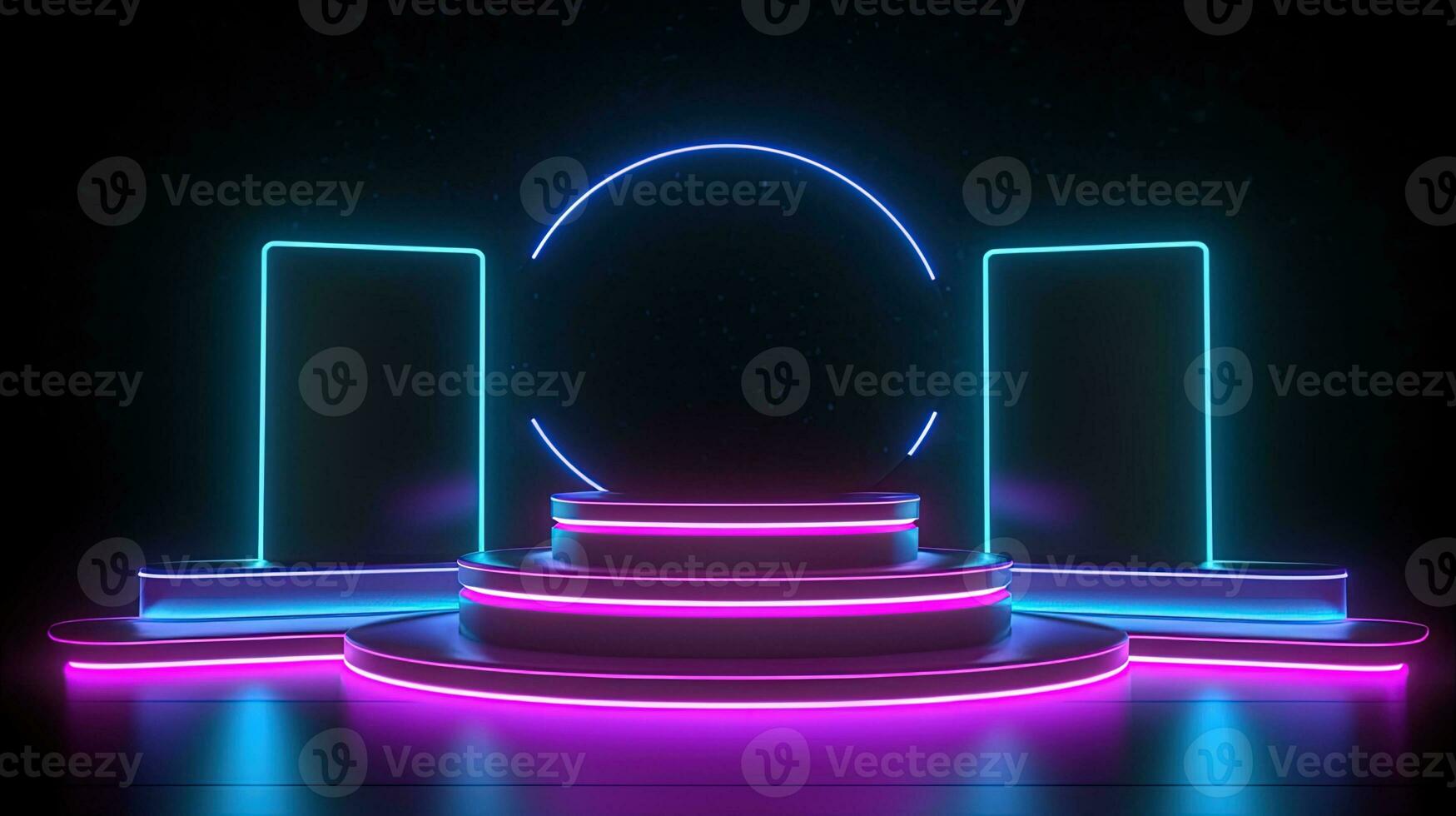 3D abstract background. Neon glowing podium. Empty scene for product presentation. photo
