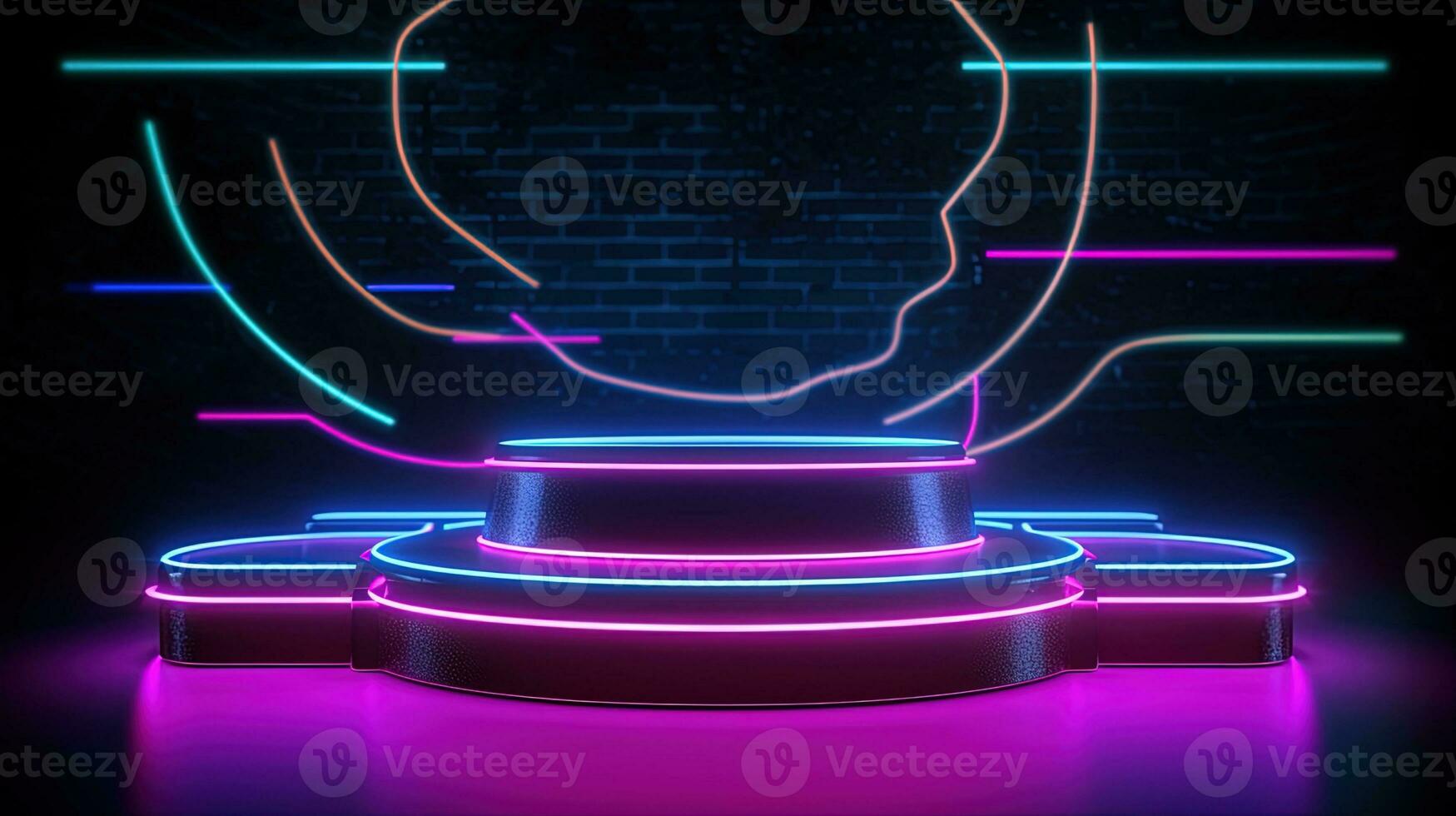 3D abstract background. Neon glowing podium. Empty scene for product presentation. photo