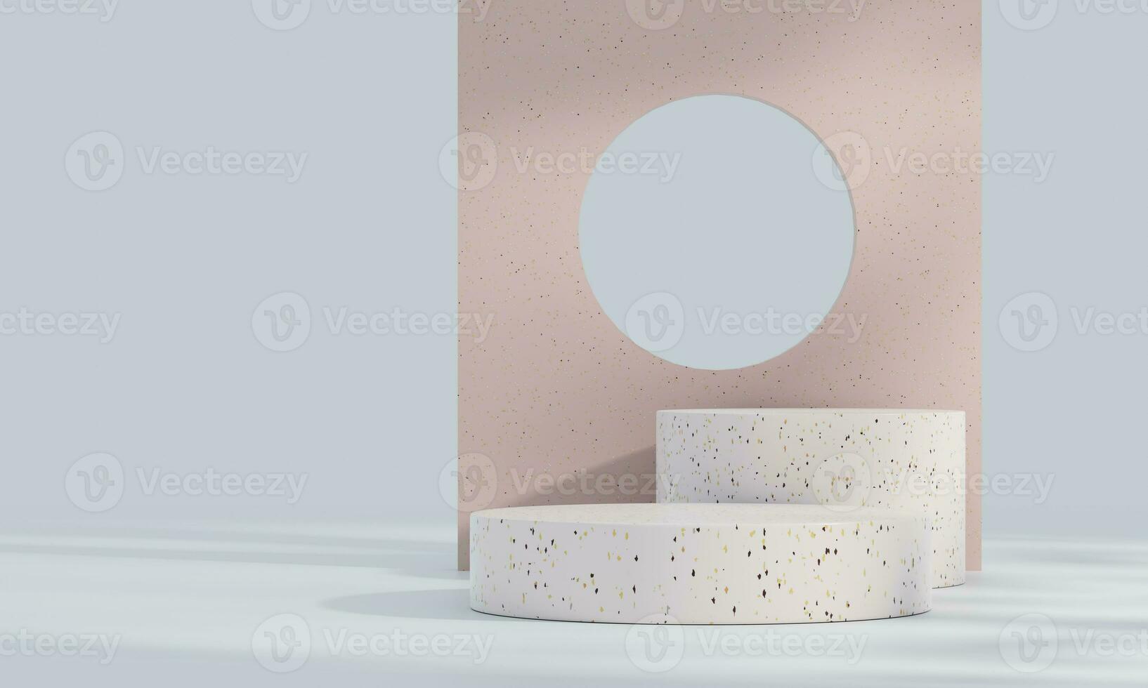 Brown and white pastel backdrop wall 3d render image mockup background of terrazzo podium in the circle. photo
