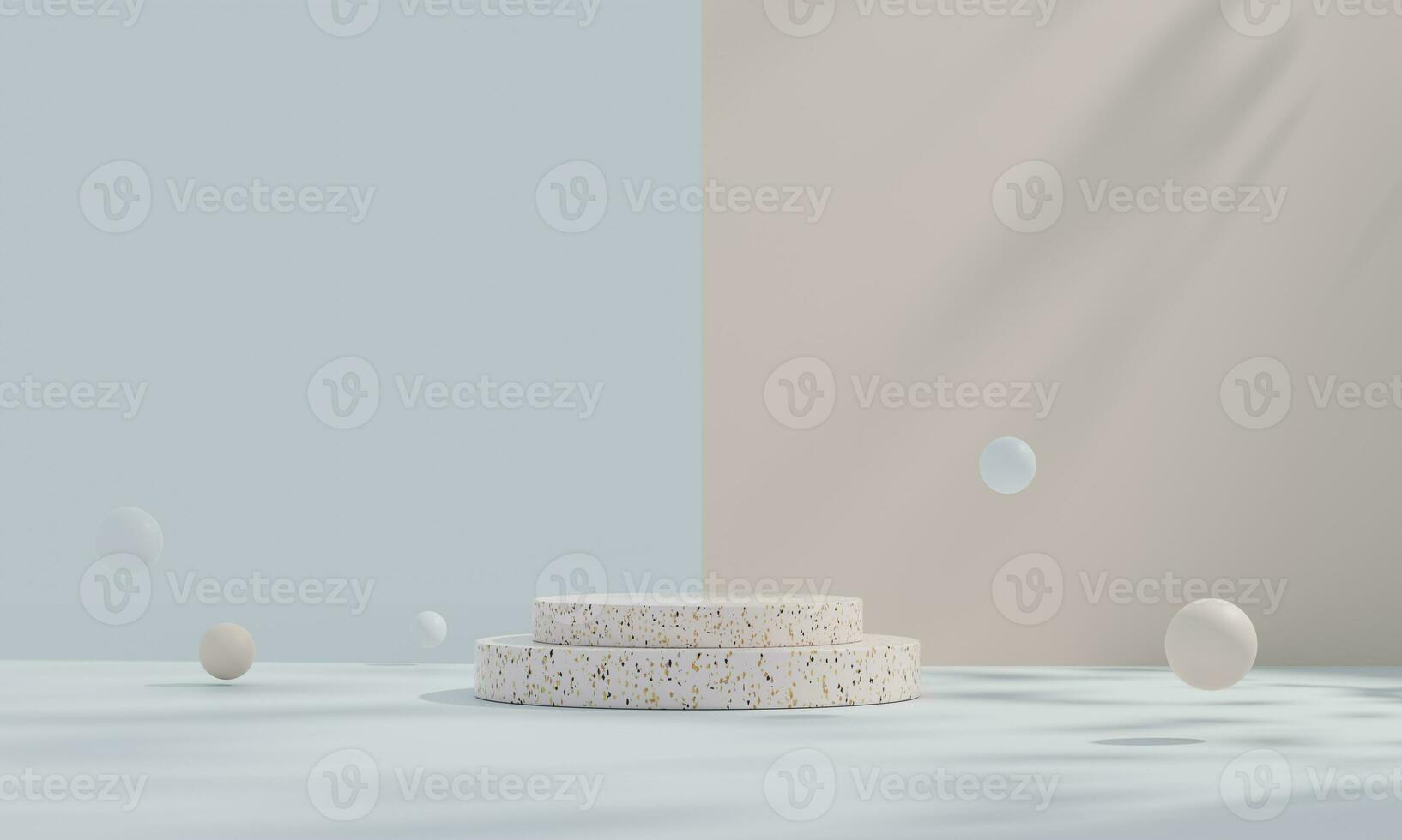 Brown and white pastel backdrop wall 3d render image mockup background of terrazzo podium in the circle. photo