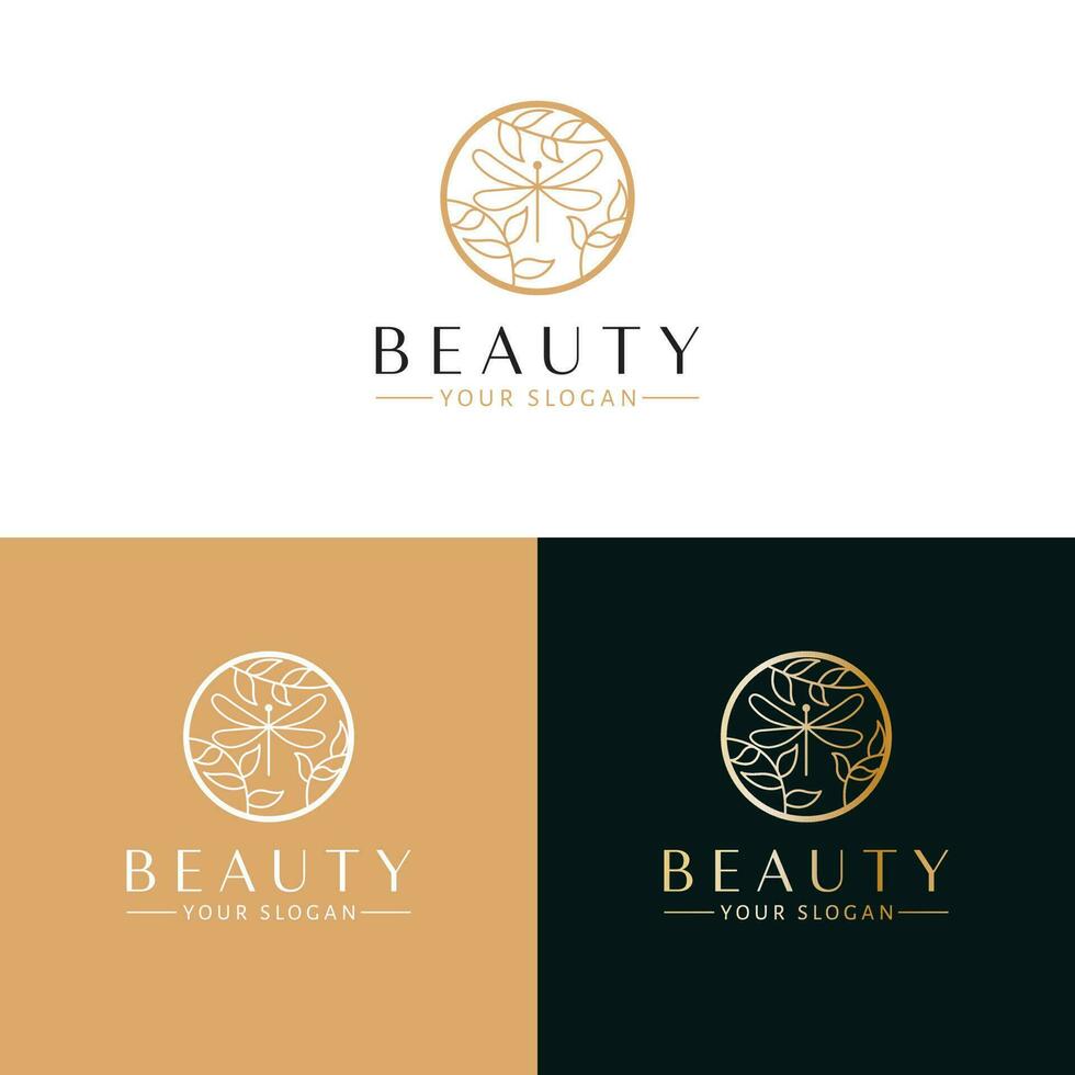 Beauty vector logo design. Dragonfly in circle logotype. Luxury logo template.