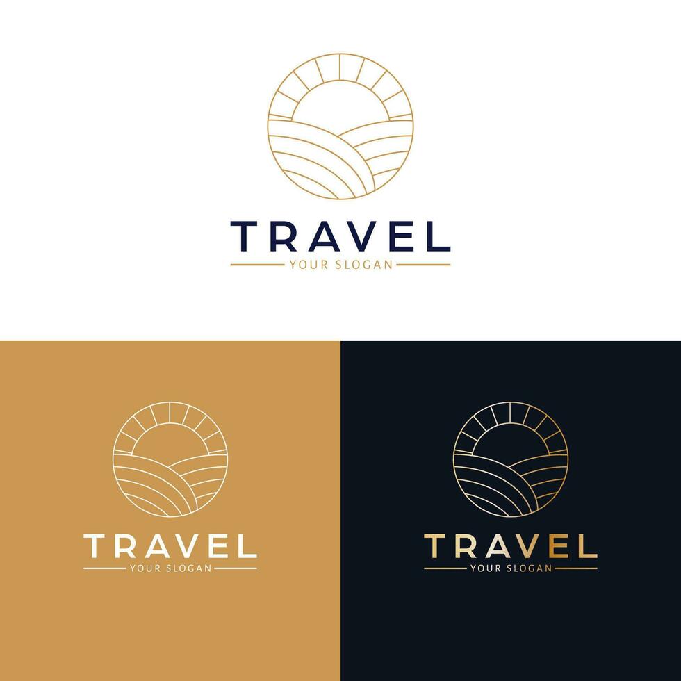 Travel vector logo design. Sunset and field logotype. Landscape nature logo template.