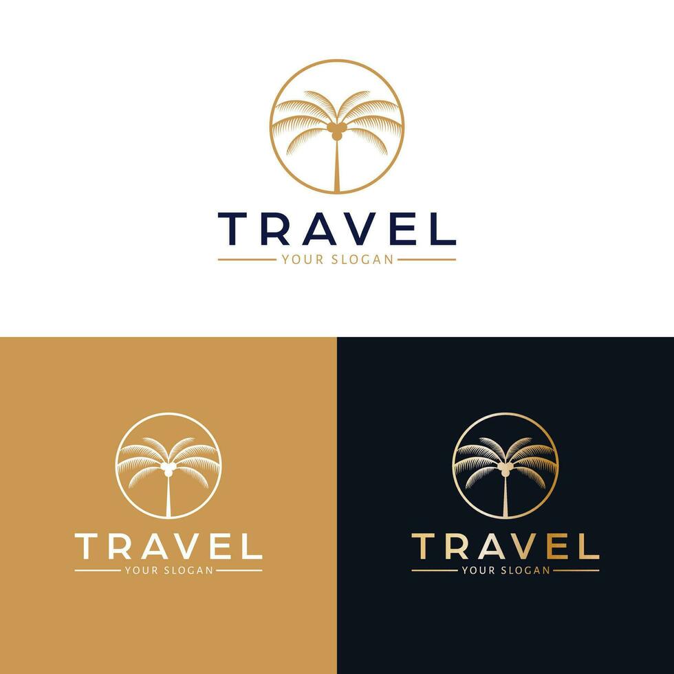 Travel vector logo design. Palm tree in circle logotype. Tropical logo template.