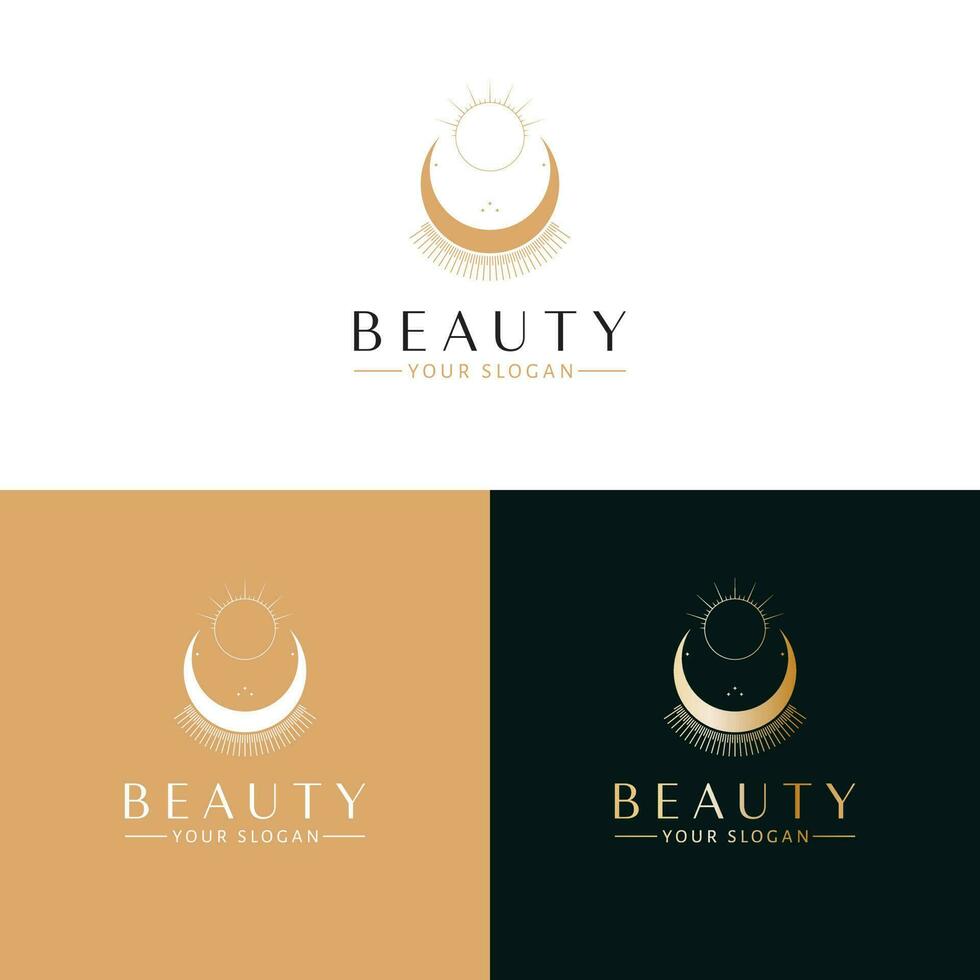 Beauty vector logo design. Bohemian sun and moon logotype. Boho crescent logo template.