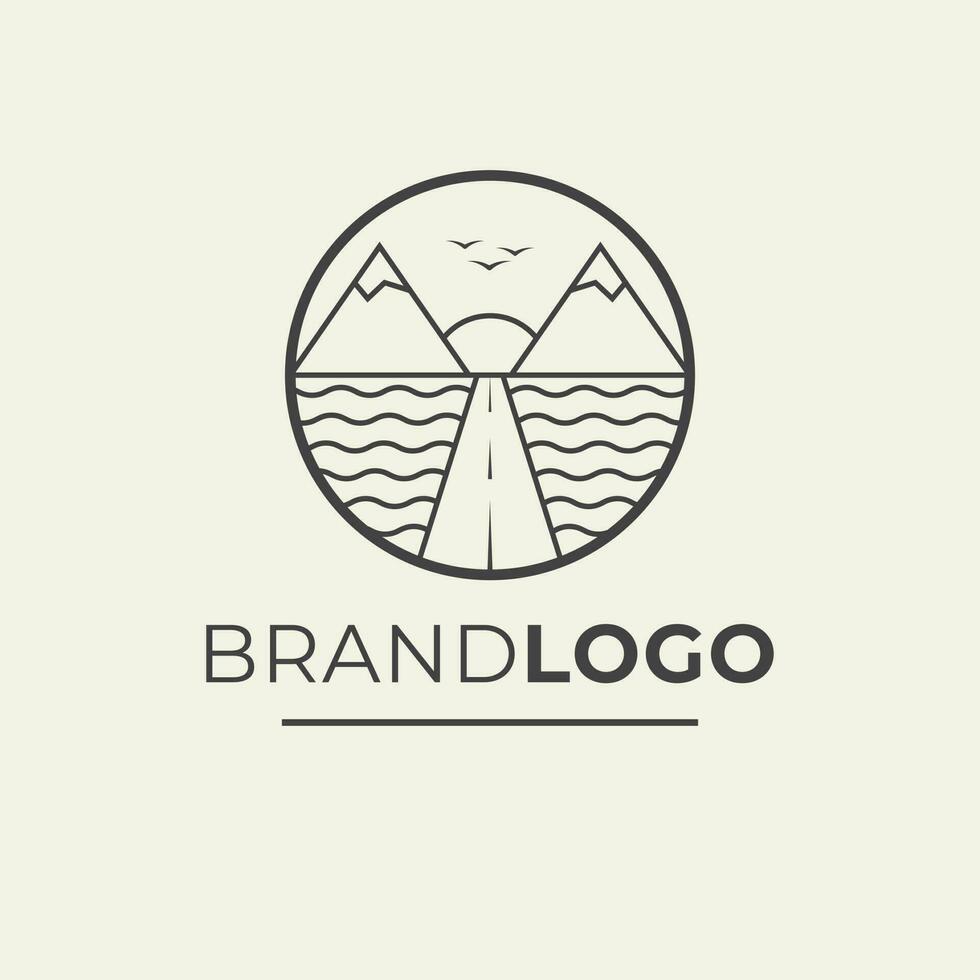 Brand logo vector design. Mountains, sea and road logotype. Nature landscape circle logo template.