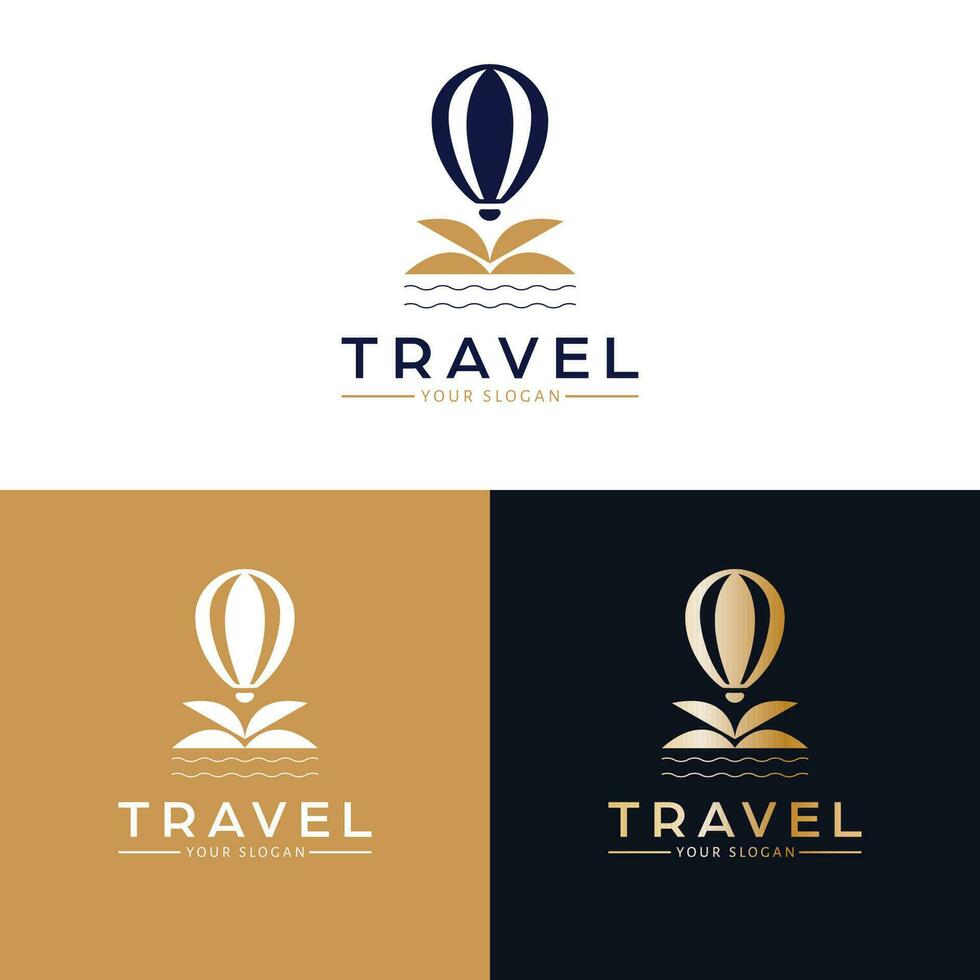 Travel vector icon design. Hot air balloon, waves and palm logotype. Tropical logo template.