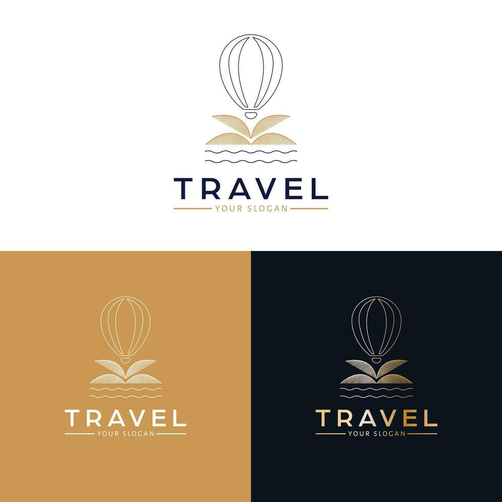 Travel vector icon design. Hot air balloon, waves and palm logotype. Tropical logo template.