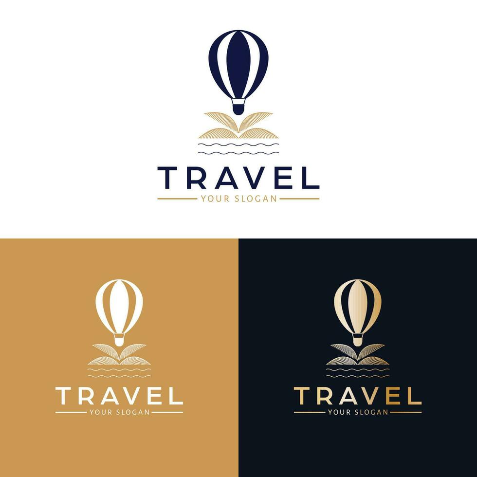 Travel vector icon design. Hot air balloon, waves and palm logotype. Tropical logo template.