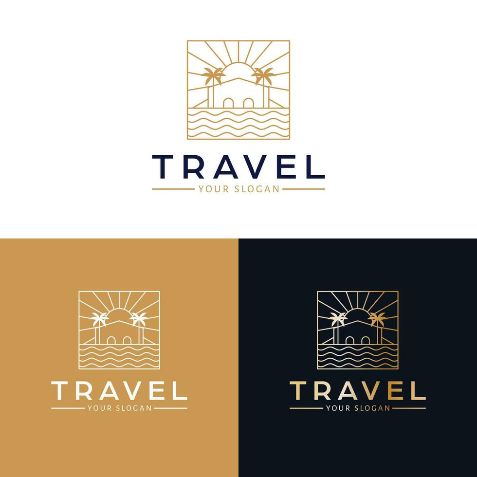 Travel vector logo design. Villa with palms and ocean logotype. Tropical logo template.