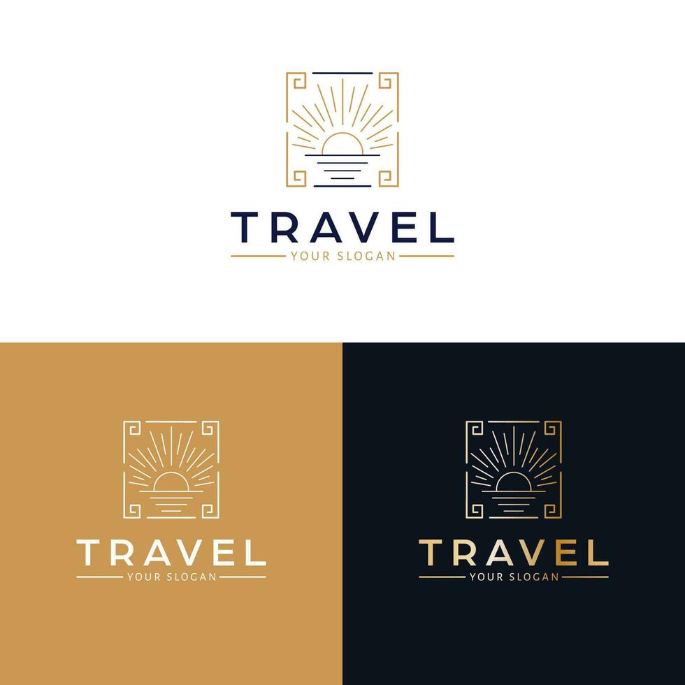 Travel vector logo design. Sunset and sea logotype. Nature landscape logo template.