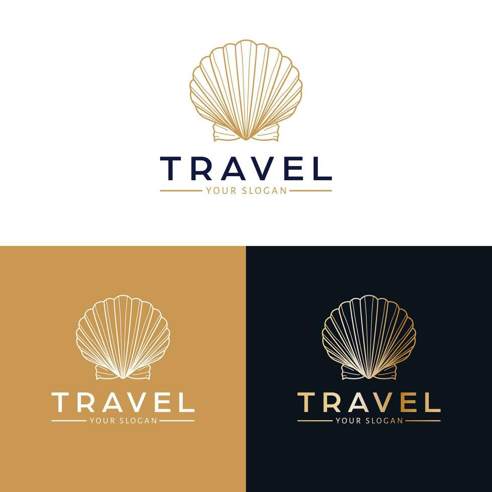 Travel vector logo design. Seashell artistic logotype. Marine shell logo template.