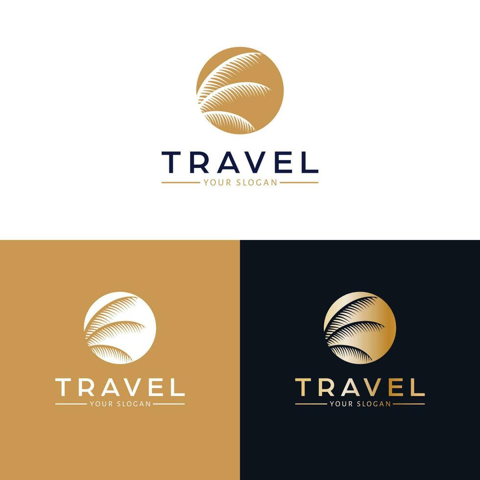 Travel vector logo design. Palm tree in circle logotype. Tropical logo template.