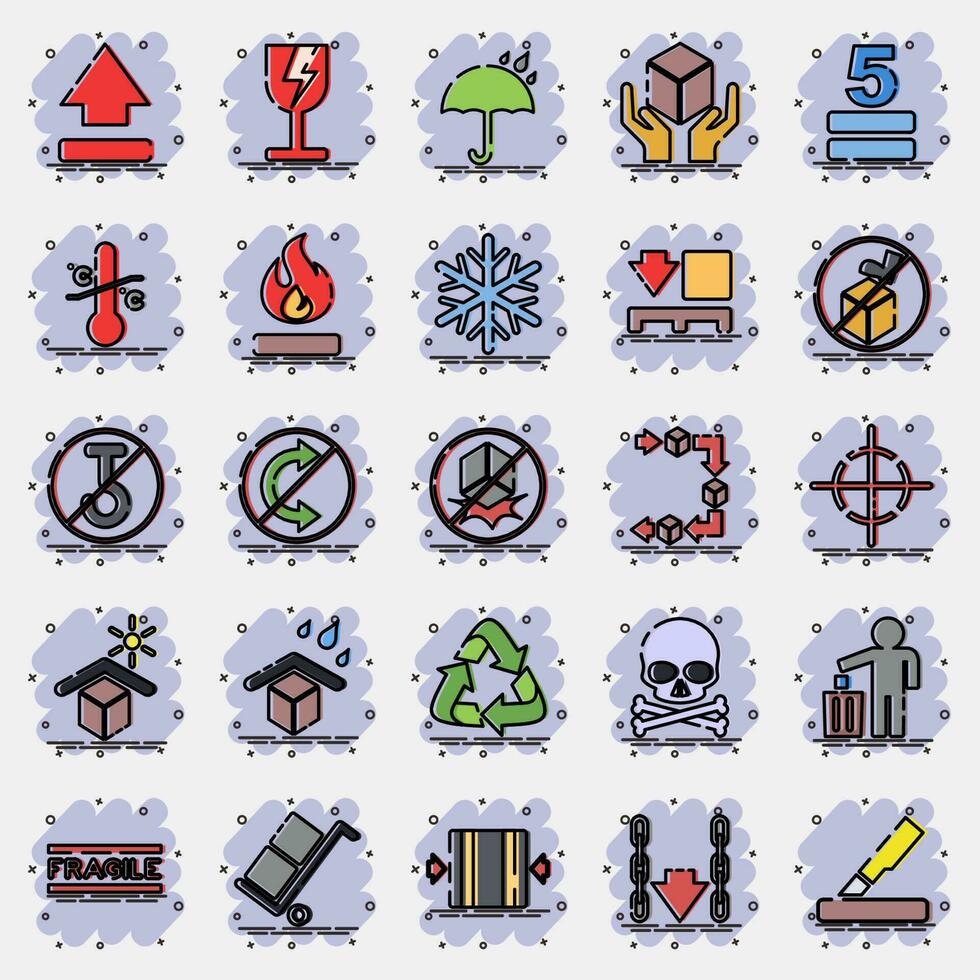 Icon set of packaging sign. Packaging symbol elements. Icons in comic style. Good for prints, posters, logo, product packaging, sign, expedition, etc. vector
