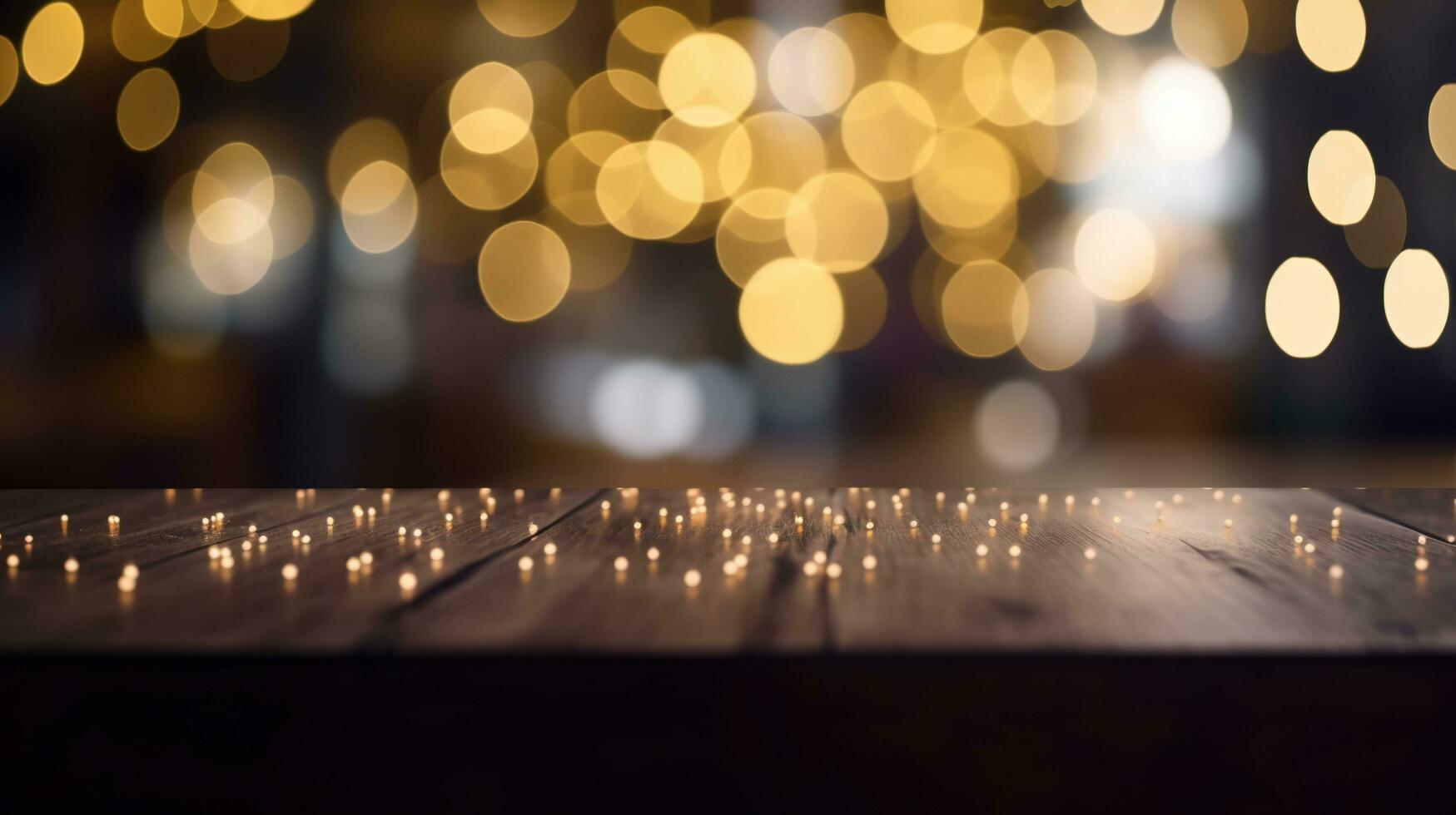 Empty wooden table in front of abstract bokeh light background. photo