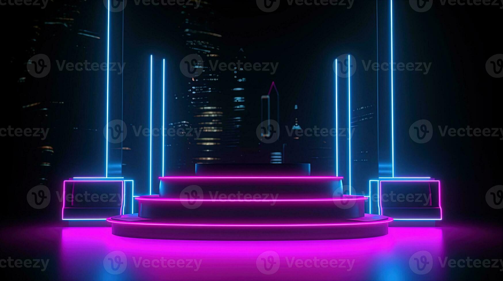 3D abstract background. Neon glowing podium. Empty scene for product presentation. photo