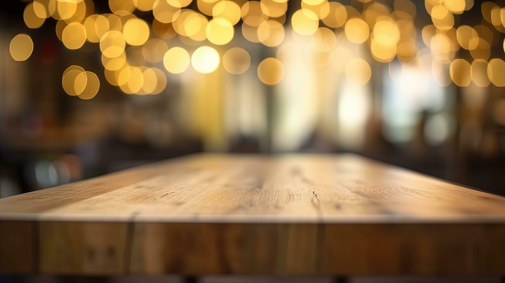 Empty wooden table in front of abstract bokeh light background. photo