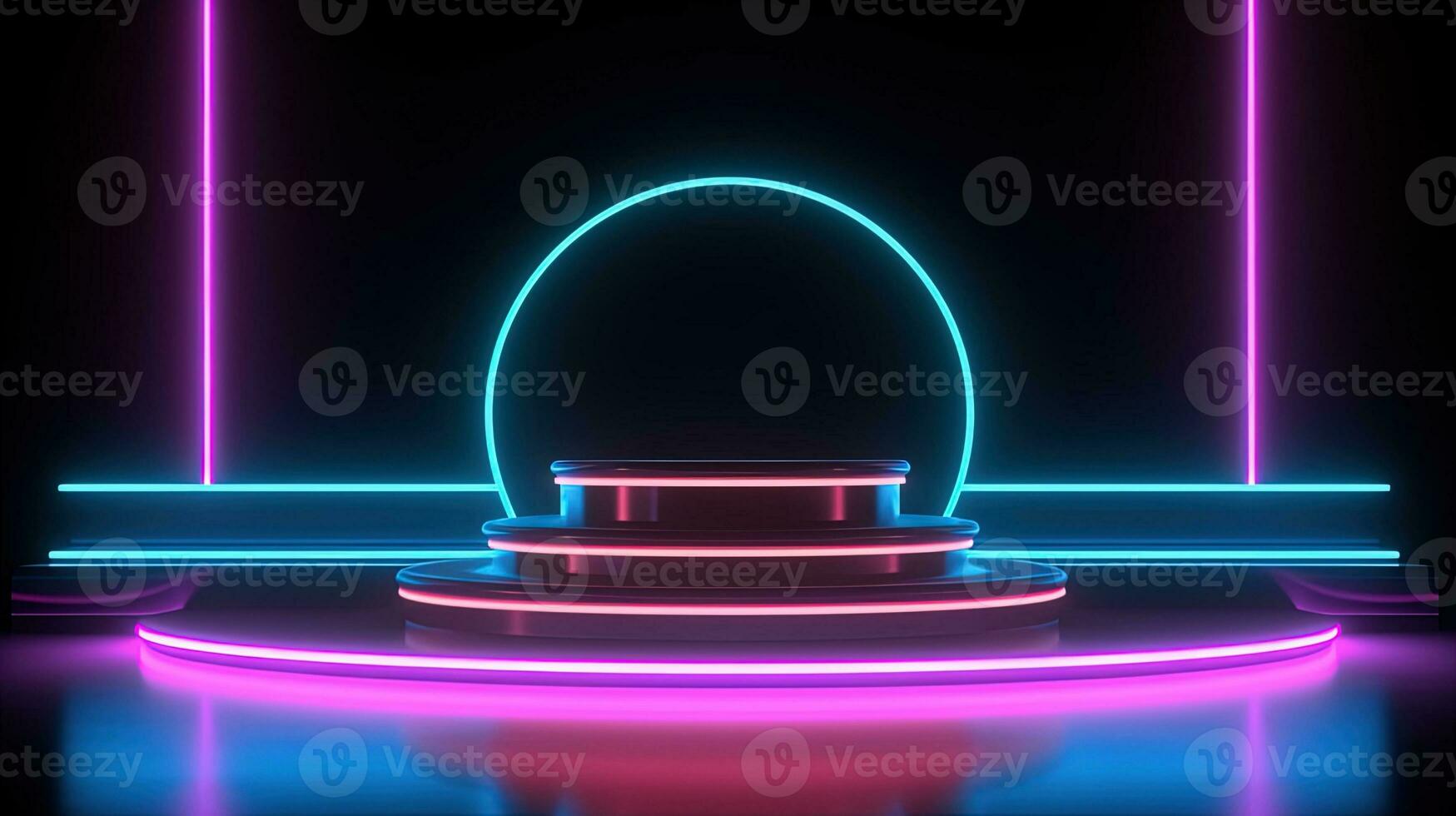 3D abstract background. Neon glowing podium. Empty scene for product presentation. photo