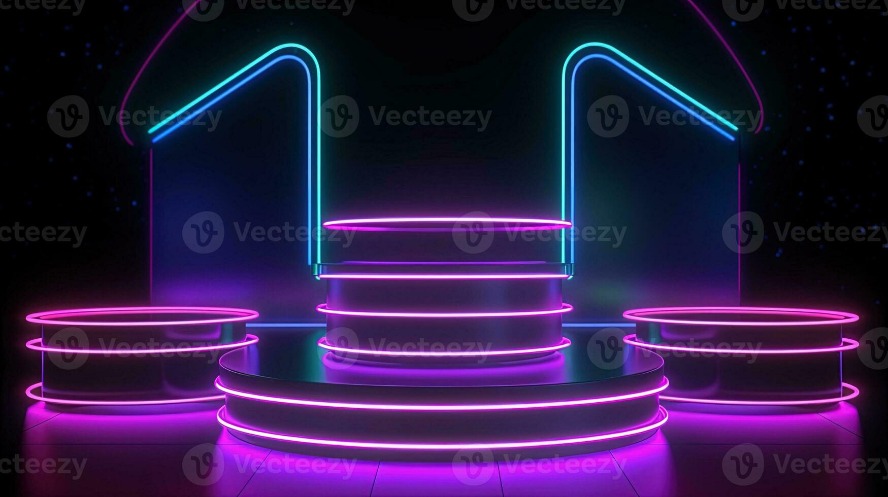3D abstract background. Neon glowing podium. Empty scene for product presentation. photo