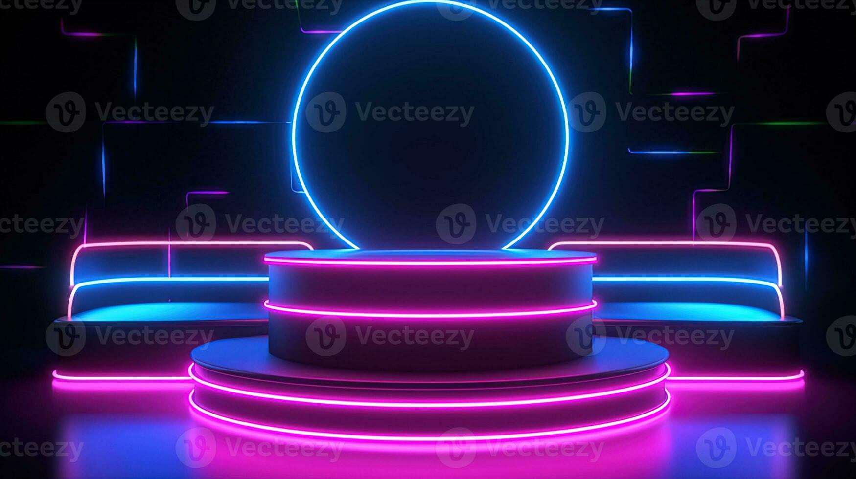 3D abstract background. Neon glowing podium. Empty scene for product presentation. photo