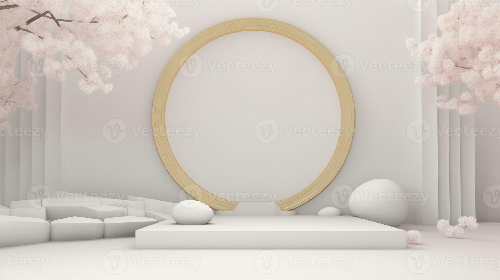 3d render, abstract minimal scene with white podium and cherry blossom flowers photo