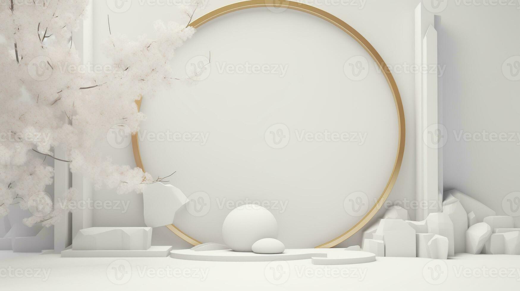 3d render, abstract minimal scene with white podium and cherry blossom flowers photo
