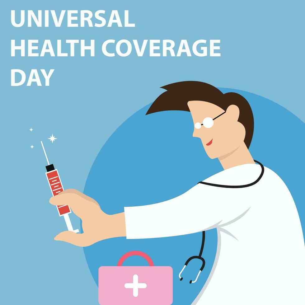 illustration vector graphic of doctor is holding a medicine injection, showing first aid kit, perfect for international day, universal health coverage day, celebrate, greeting card, etc.