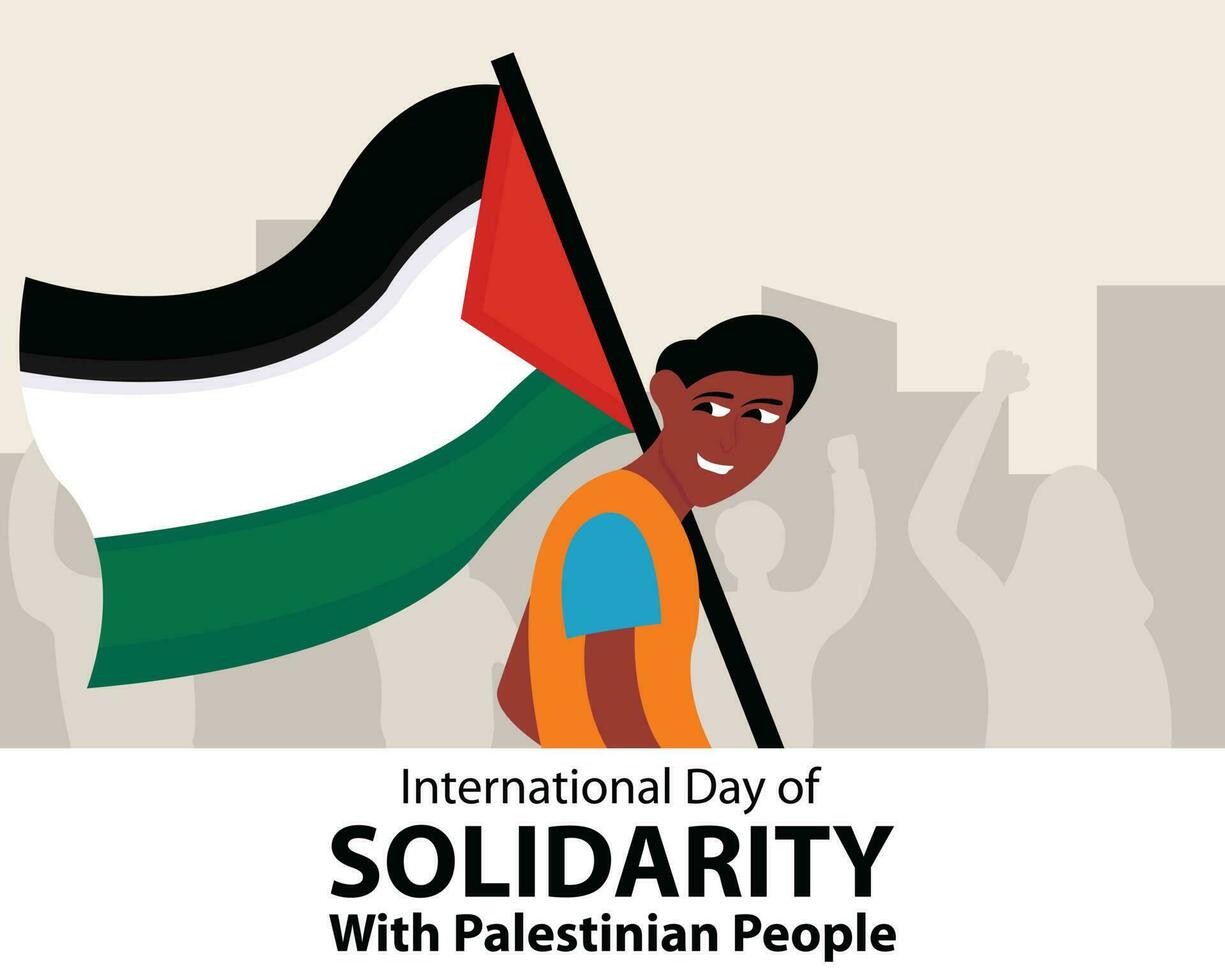 illustration vector graphic of a teenager carrying a Palestinian flag, showing of silhouette of protesters, perfect for international day, solidarity with palestinian people, celebrate, greeting card.