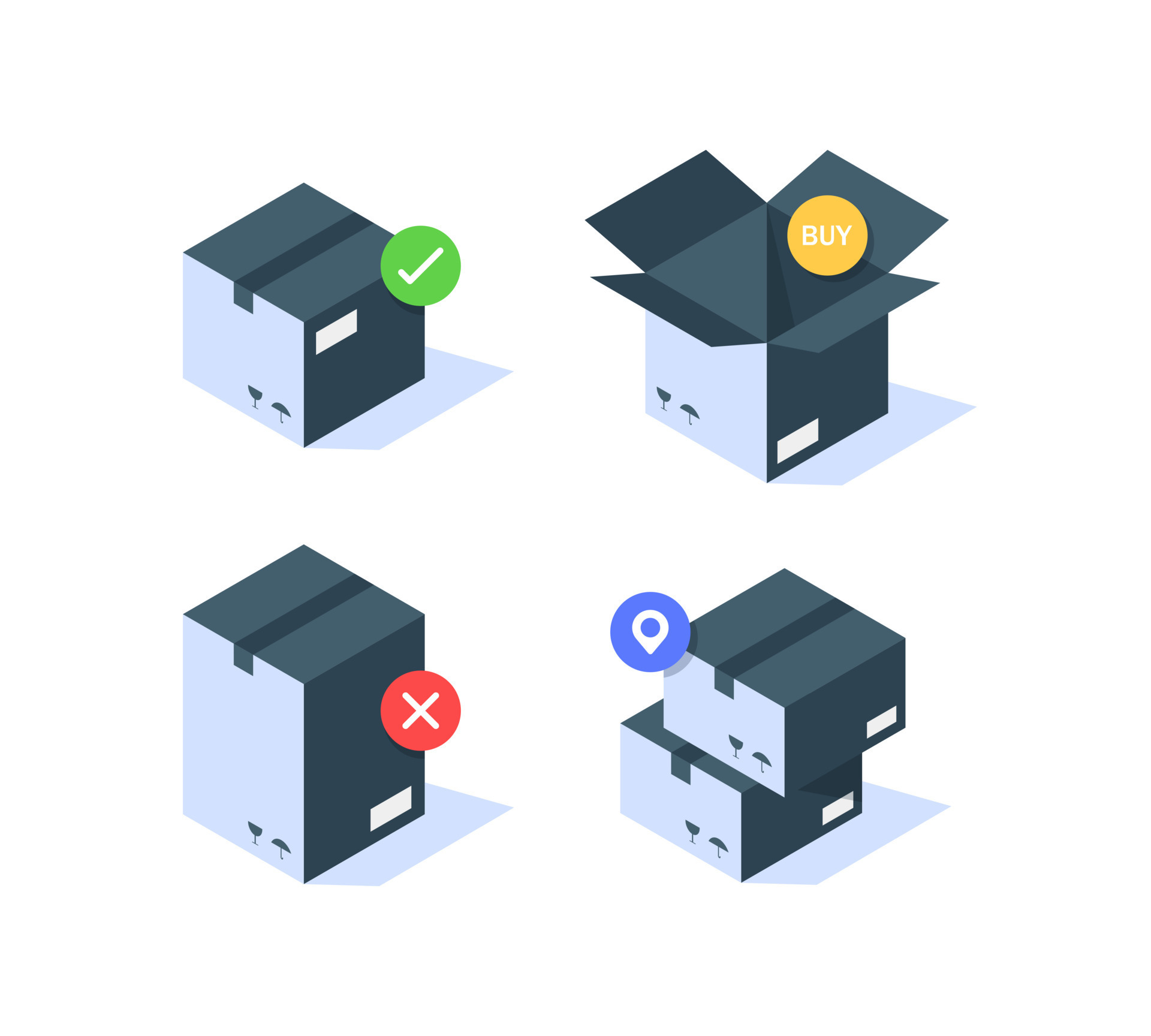 Delivery box, tracking order icon. Cardboard boxes with wrong and right