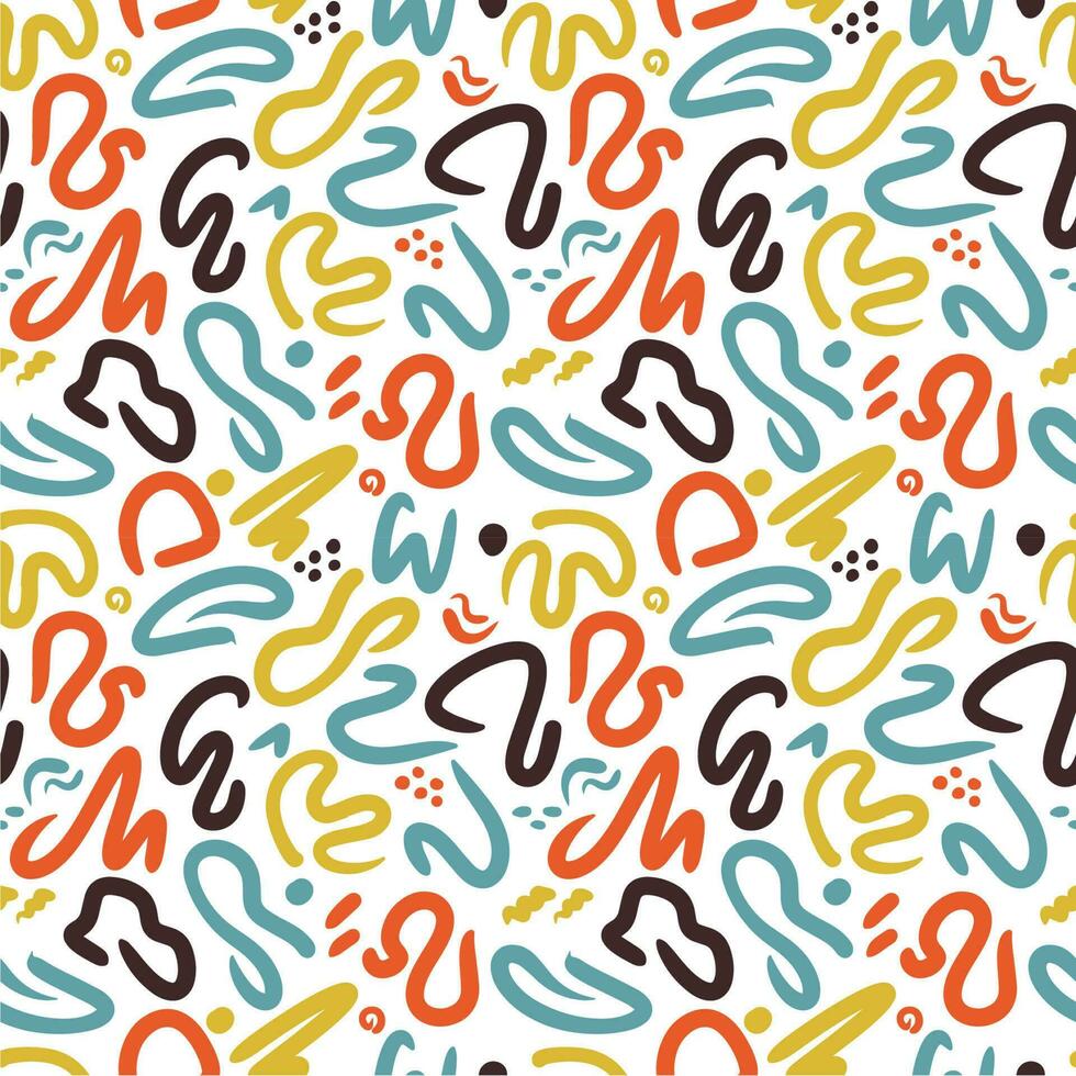 90's style squiggles seamless pattern. Colorful doodles for textile or background. Cheerful colorful children's lines. Vector illustration