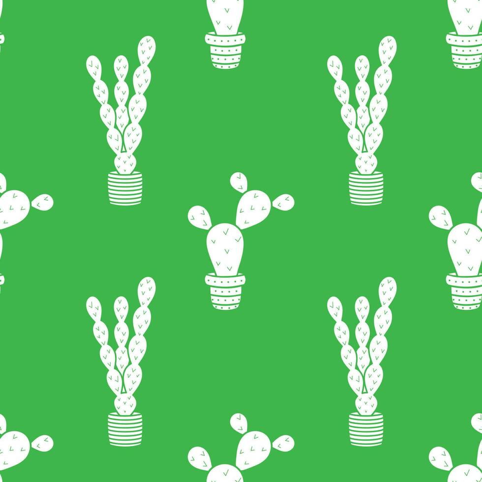 Vector seamless pattern with white cacti on a green background.