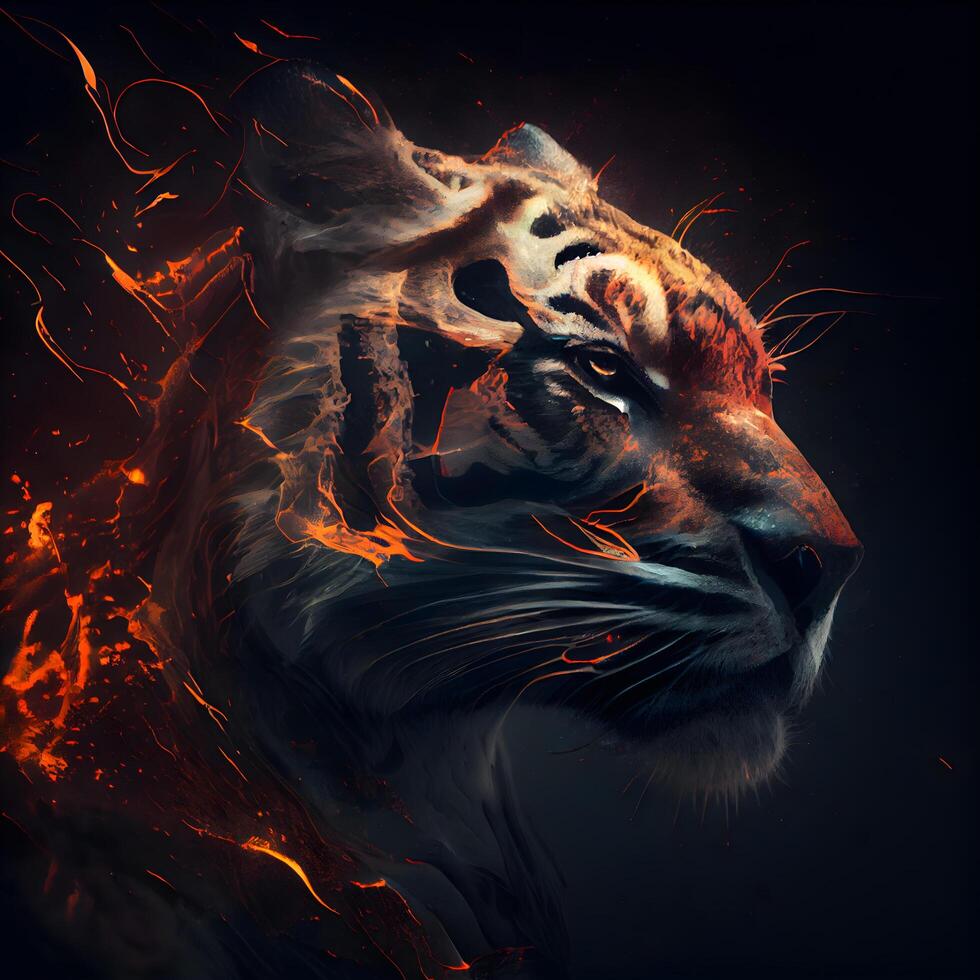 Tiger head with a fire effect on a dark background, digital painting, Image photo