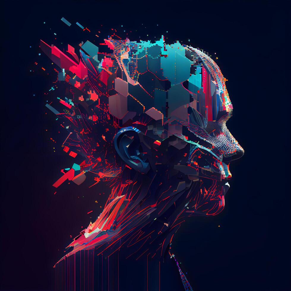 resumen artificial inteligencia concepto. 3d humano cabeza hecho de vistoso digital elementos, ai generativo imagen foto