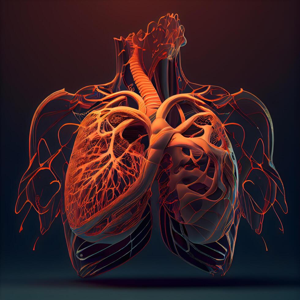 humano corazón anatomía en oscuro antecedentes. 3d ilustración. 3d representación., ai generativo imagen foto