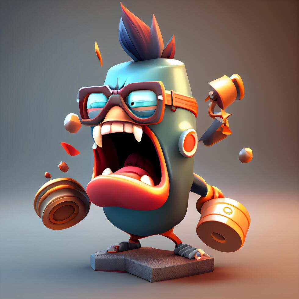 Cartoon monster with dumbbells. 3D Illustration., Image photo