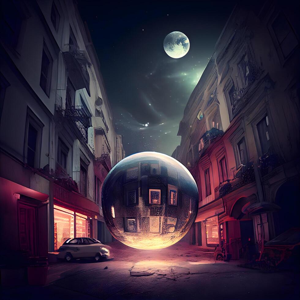 Crystal ball on the street at night. Collage. Elements of this image furnished by NASA, Image photo