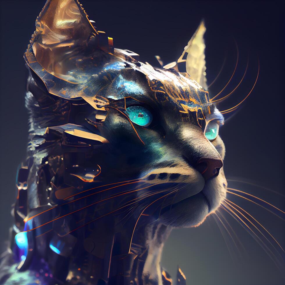 3D rendering of a fantasy cat with blue eyes and golden wings, Image photo