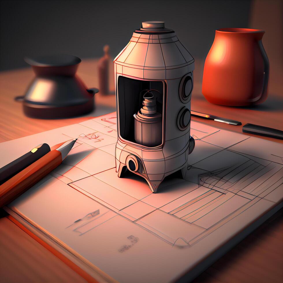 3D rendering of a rocket on a blueprints with a cup of coffee, Image photo