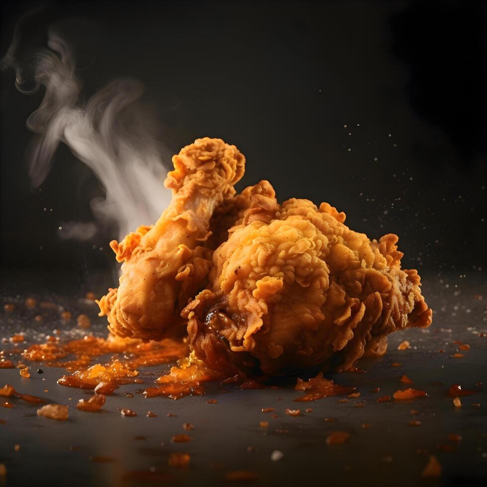 frito pollo pepitas con fuego y fumar en un negro fondo, ai generativo imagen foto