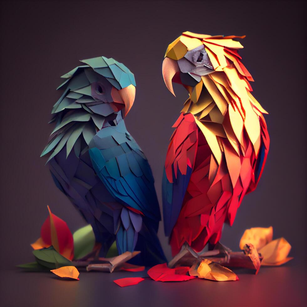 Colorful parrots made of paper on a dark background. 3d illustration, Image photo