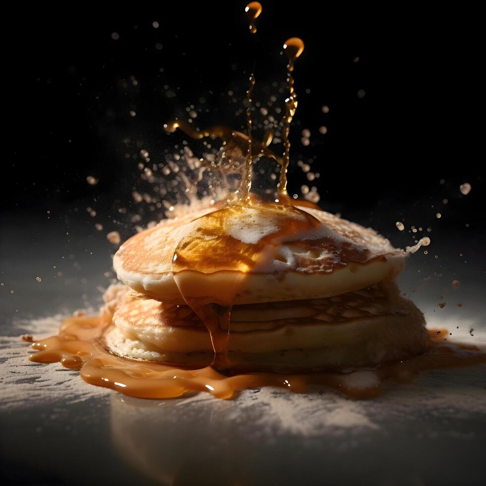 Pancakes with maple syrup and splash on a black background., Image photo