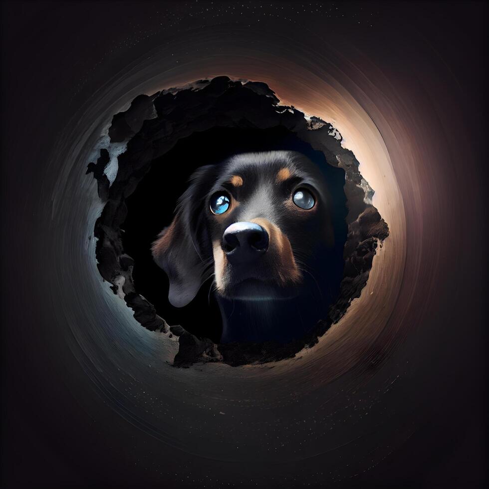 dog peeking through a hole in the wall - 3d illustration, Image photo