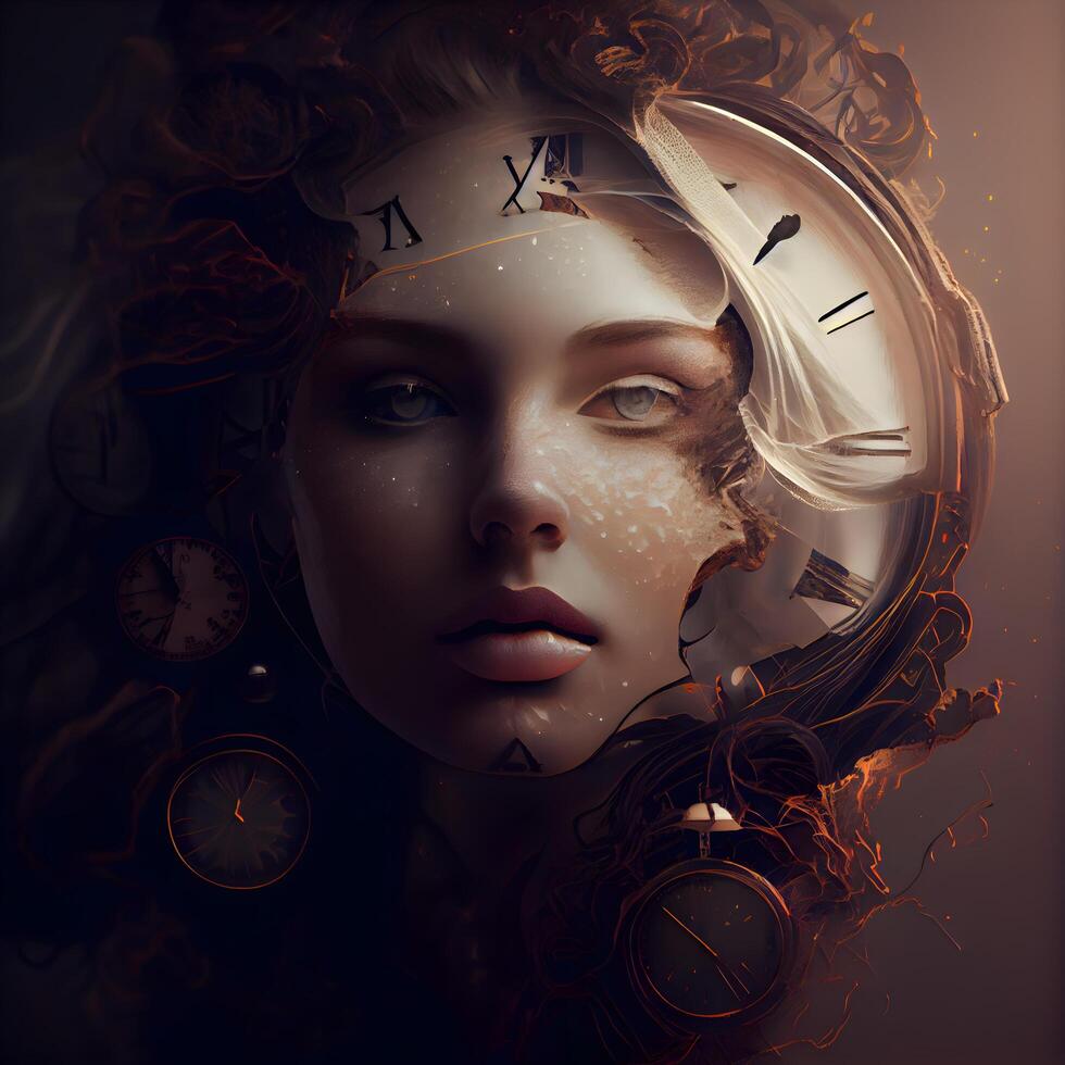 Portrait of a beautiful young woman with clocks. Time concept., Image photo