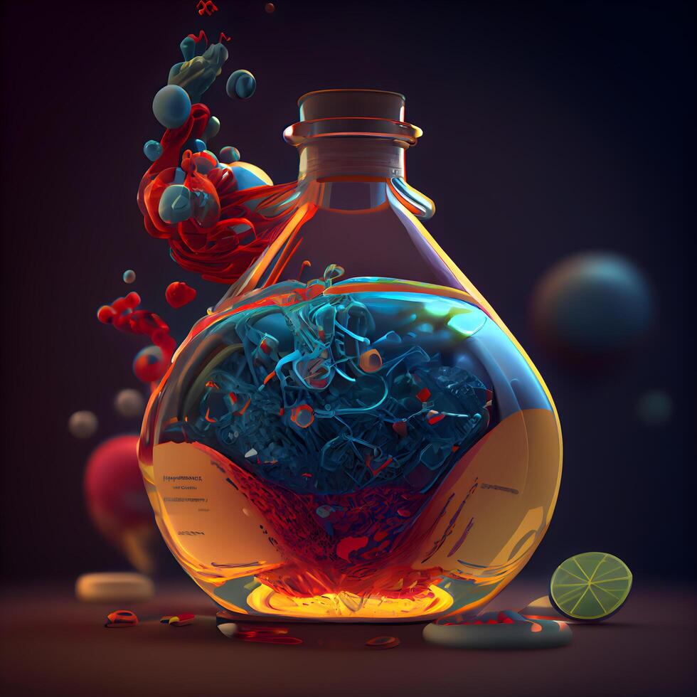 Magic potion in a glass bottle. 3d illustration on dark background