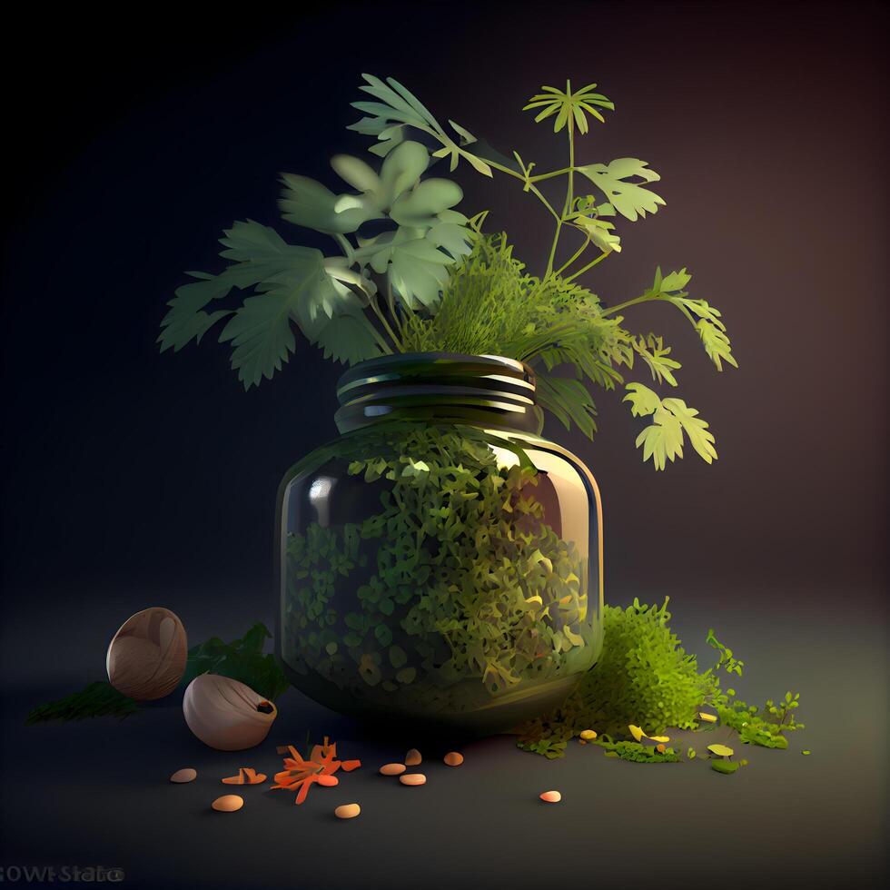 Glass jar with herbs and spices on dark background. illustration., Image photo